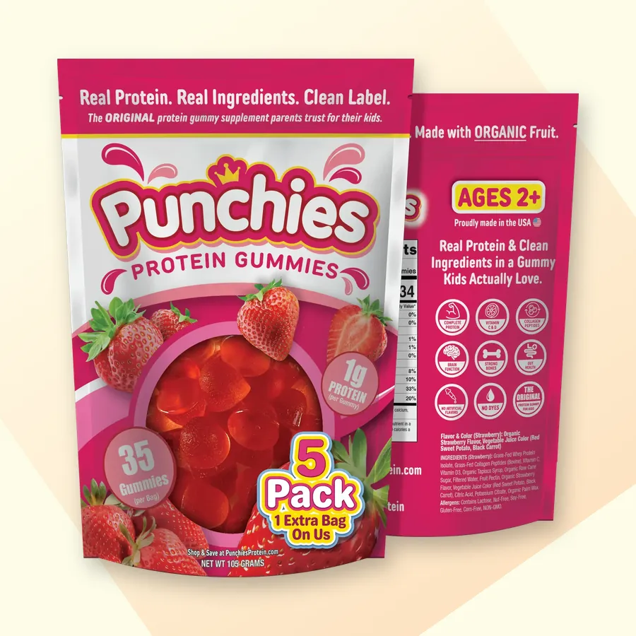 Kids protein supplement: Punchies strawberry protein gummies, 5-bag pack