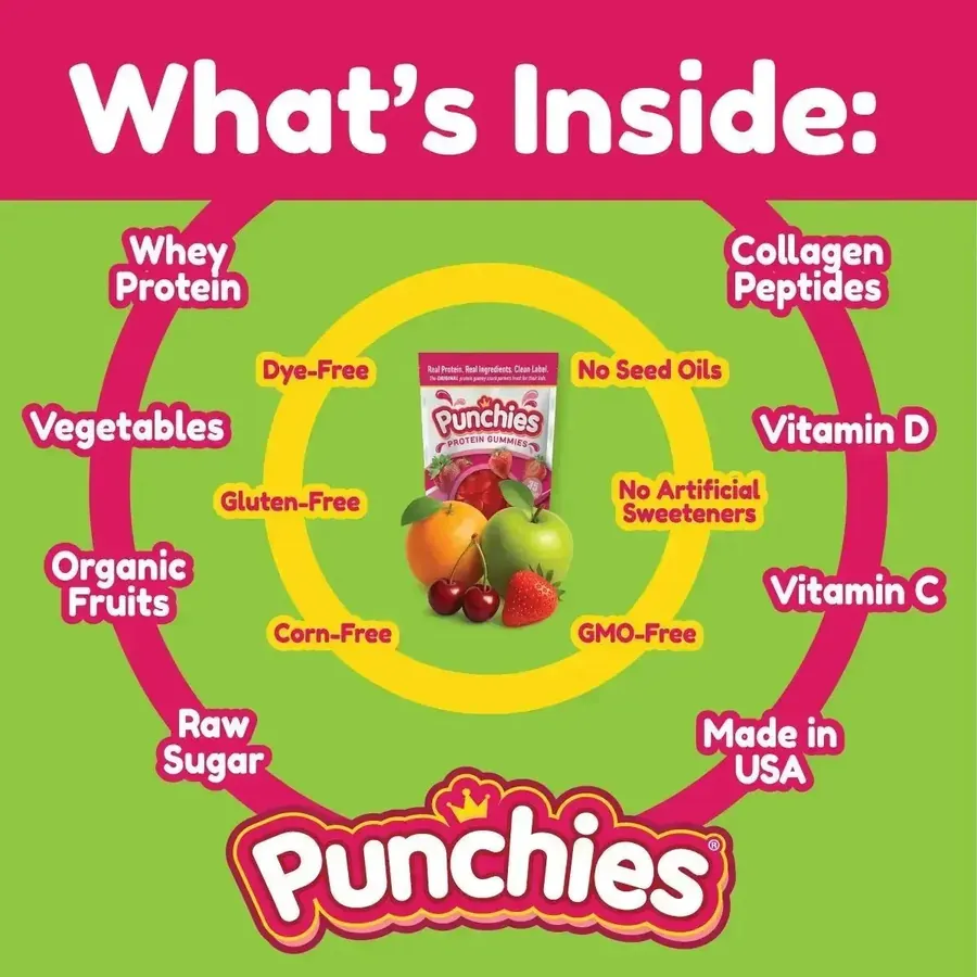 Kids protein supplement: what is inside Punchies protein gummies: whey protein, collagen peptides, vitamin C and D, organic fruits and raw sugar