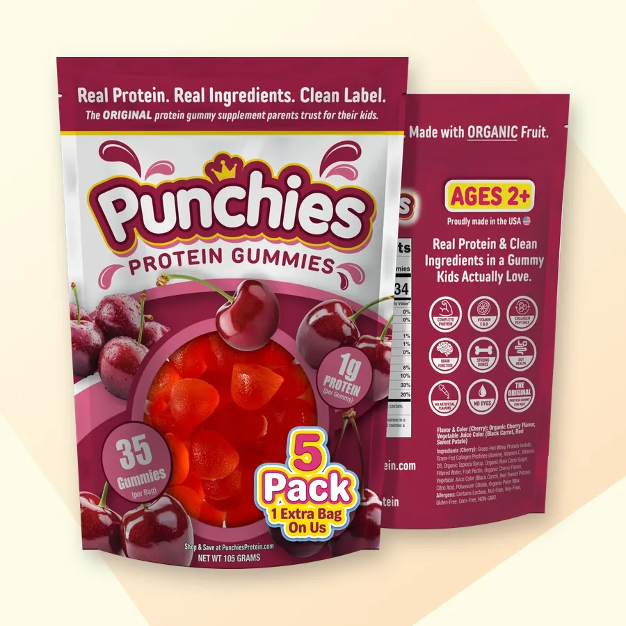 Kids protein supplement: Punchies cherry protein gummies, 5-bag pack